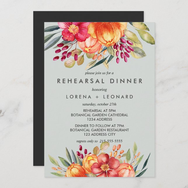 Invitación Flores pintadas Boda REHEARSAL moderno (Anverso / Reverso)