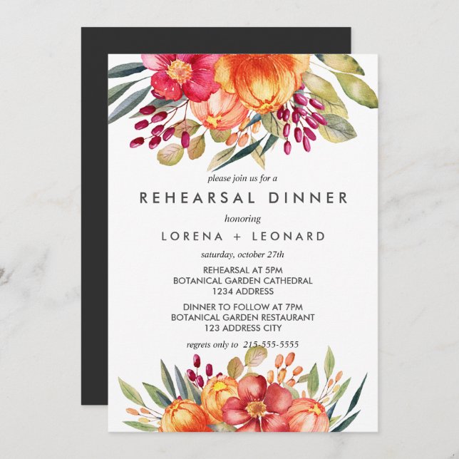 Invitación Flores pintadas Boda REHEARSAL moderno (Anverso / Reverso)