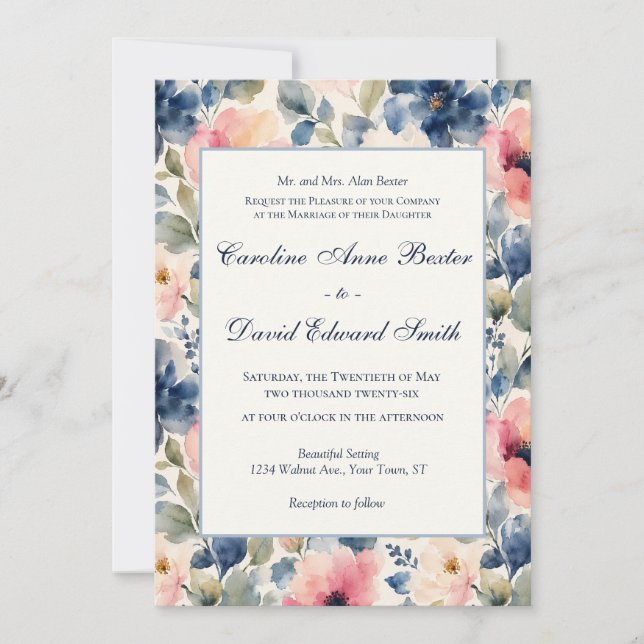 Invitación Flores Pintadas con Acuarela Rosa Azul Verde Boda (Anverso)