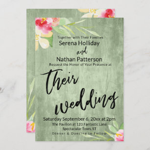 Invitación Flores pintadas con escritura de Boda azul de made