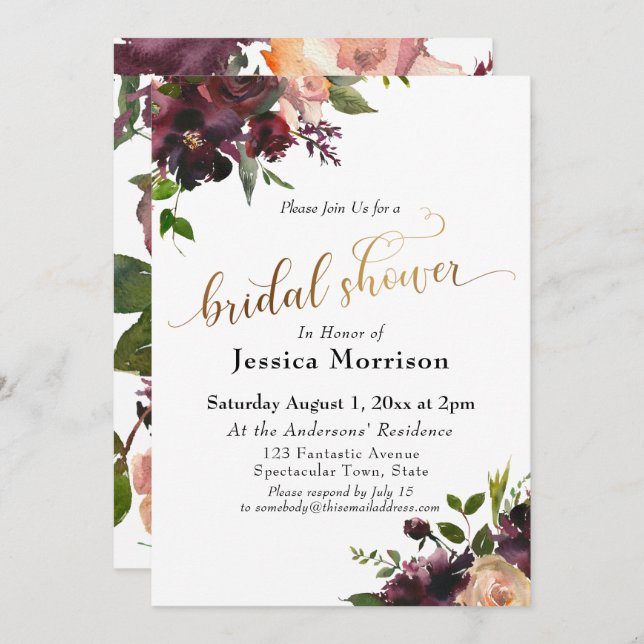 Invitación Flores pintadas de borgoña con guión dorado ducha  (Anverso / Reverso)