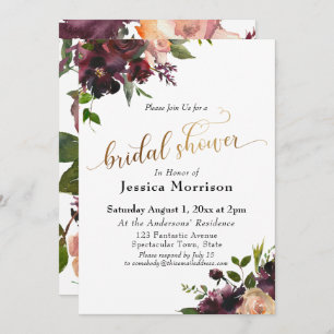 Invitación Flores pintadas de borgoña con guión dorado ducha