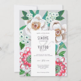 Invitación Flores pintadas de color rosa gris florido y moder