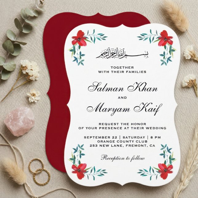 Invitación Flores pintadas de rojo romántico Boda musulmana (Subido por el creador)