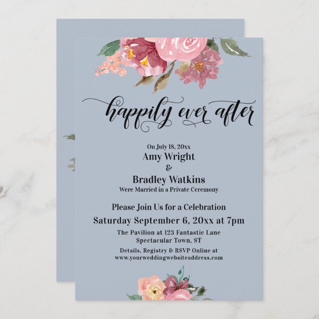 Invitación Flores pintadas de rosa felices para siempre polvo (Anverso / Reverso)