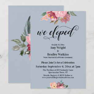 Invitación Flores Pintadas de Rosa Nos Fugamos Guion, Azul Po