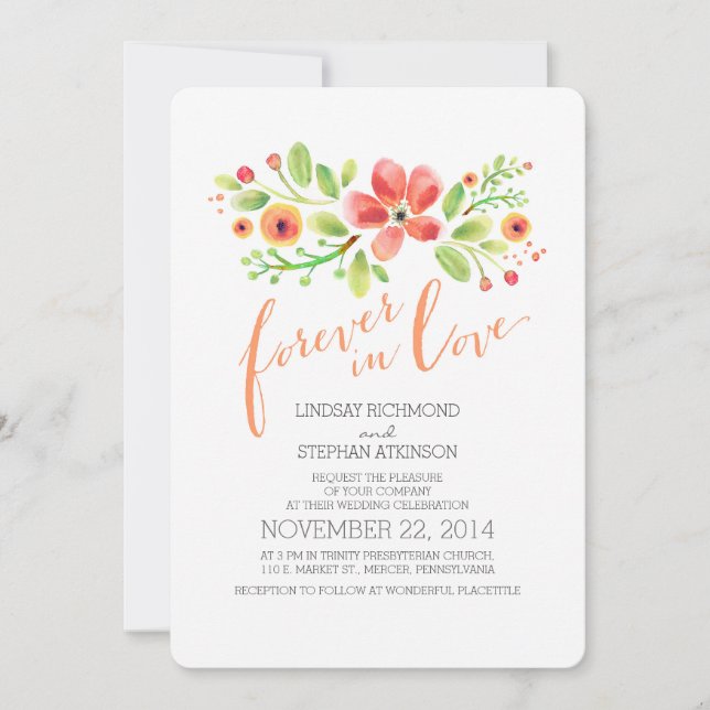 Invitación flores pintadas moderna linda boda (Anverso)