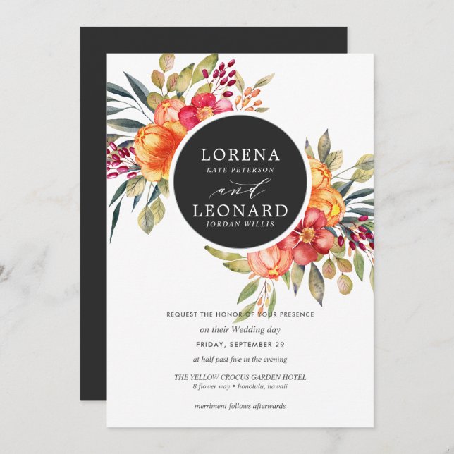 Invitación Flores pintadas monograma corona boda gris oscuro (Anverso / Reverso)