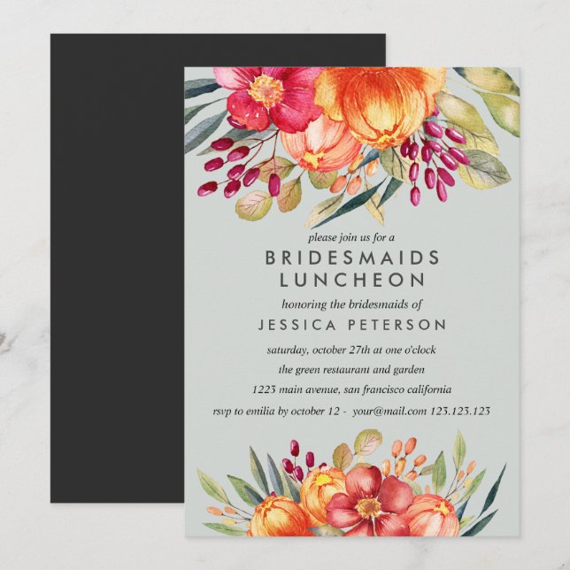 Invitación Flores pintadas Novias de honor Boda de Luncheon (Anverso / Reverso)