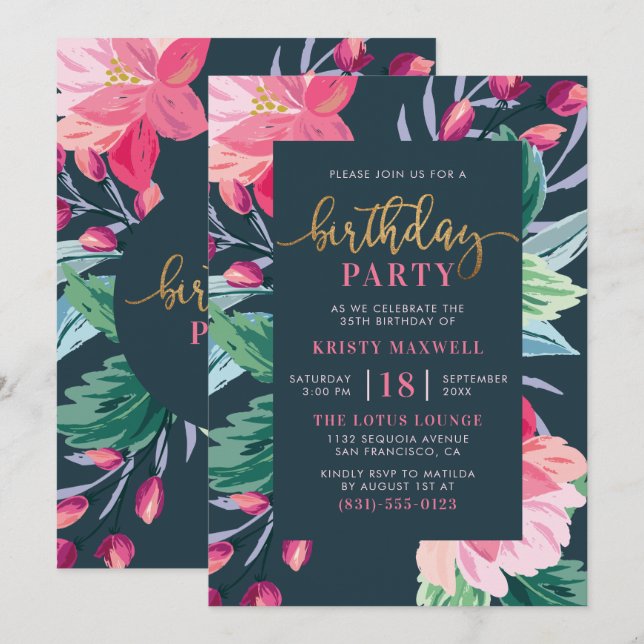 Invitación Flores pintadas y fiesta de cumpleaños con guión d (Anverso / Reverso)