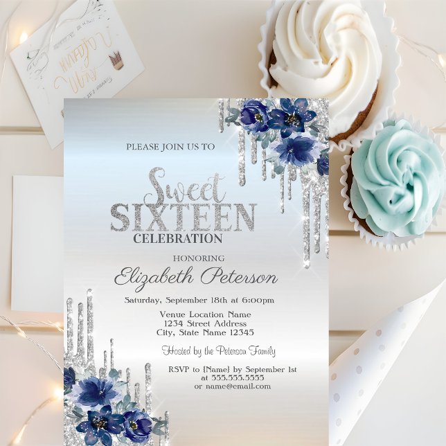 Invitación Flores Plateadas Azules con Brillo Dulces 16 (Subido por el creador)