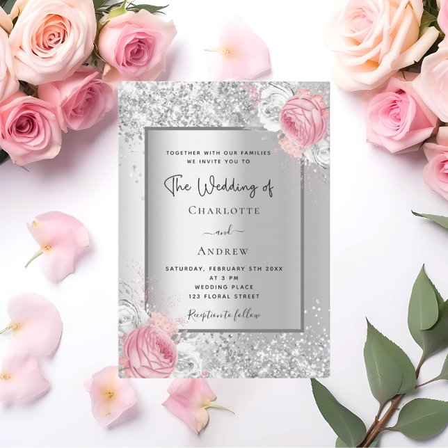 Invitación Flores plateadas boda elegante rosa blanco (Subido por el creador)