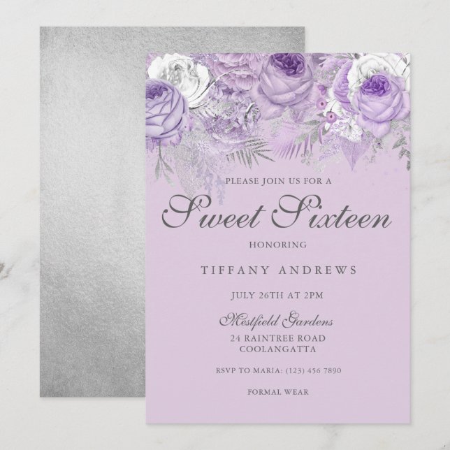 Invitación Flores plateadas de lavanda morada 16 Invite (Anverso / Reverso)