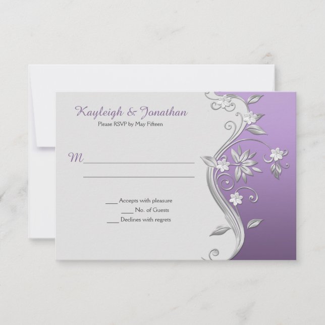 Invitación Flores plateadas Ornate Purple Lavender Swirls RSV (Anverso)