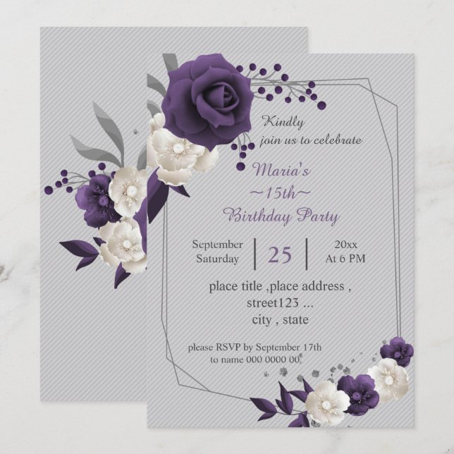 Invitación flores polvorientas blancas moradas cumpleaños geo (Anverso / Reverso)