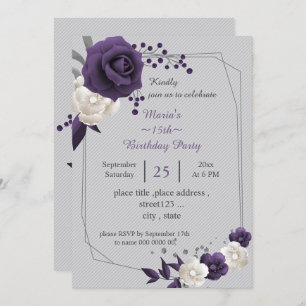 Invitación flores polvorientas blancas moradas cumpleaños geo