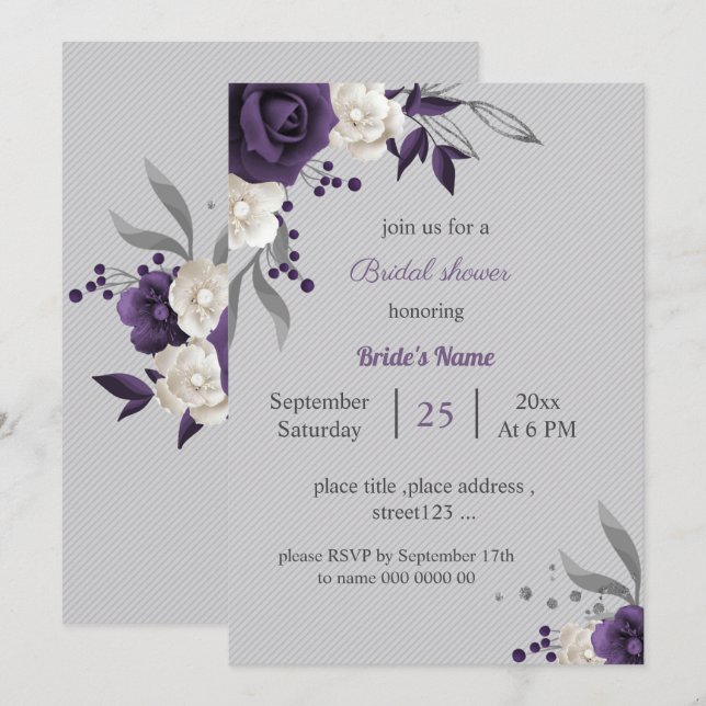 Invitación flores polvorientas moradas y blancas ducha de nov (Anverso / Reverso)