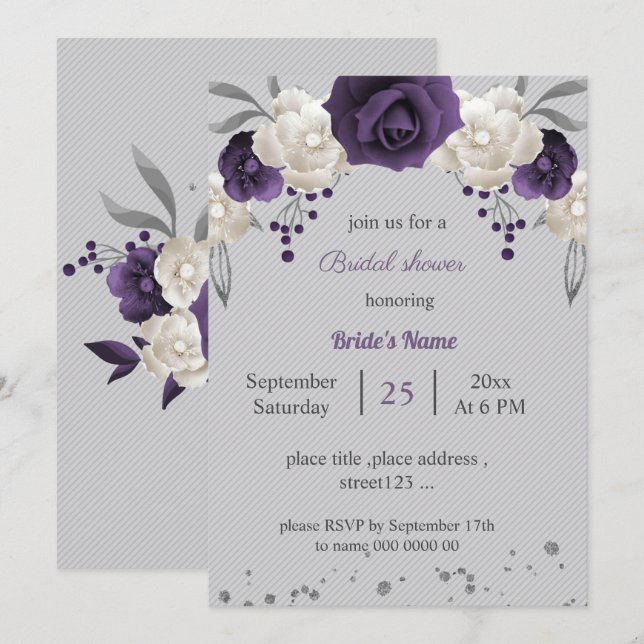 Invitación flores polvorientas moradas y blancas ducha de nov (Anverso / Reverso)