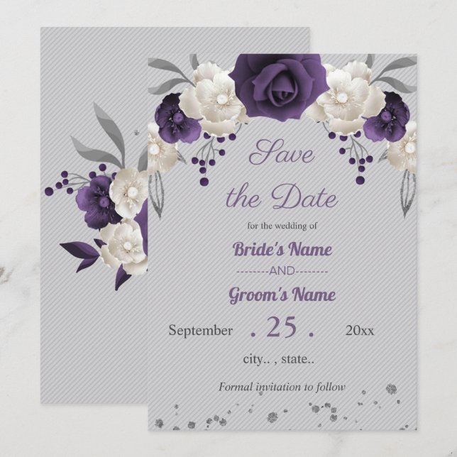 Invitación flores polvorientas moradas y blancas gris salvan  (Anverso / Reverso)