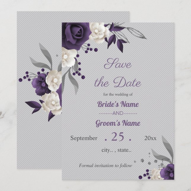 Invitación flores polvorientas moradas y blancas gris salvan  (Anverso / Reverso)