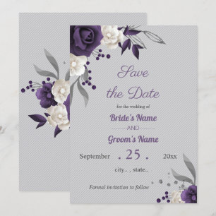 Invitación flores polvorientas moradas y blancas gris salvan 