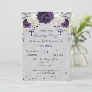 Invitación flores polvorientas púrpura y blanca gris cumpleañ