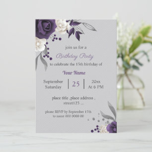 Invitación flores polvorientas púrpura y blanca gris cumpleañ