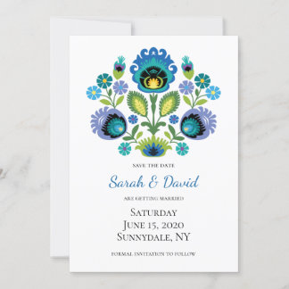 Invitación Flores populares polacas azules Verde azuladas sal