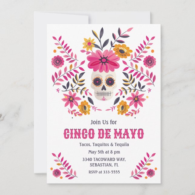 Invitación Flores populares rosas de cráneo azucarero Cinco d (Anverso)