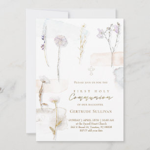 Invitación flores prensadas al acuarela Primera Comunión