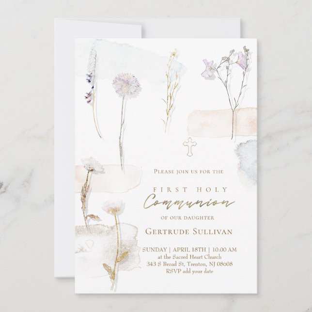 Invitación flores prensadas al acuarela Primera Comunión (Anverso)