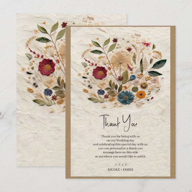 Invitación Flores Prensadas de Jardín Caprichoso Boda Boho (Anverso / Reverso)