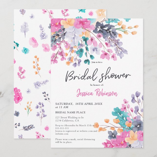 Invitación Flores prensadas guión moda ducha de novia (Anverso / Reverso)