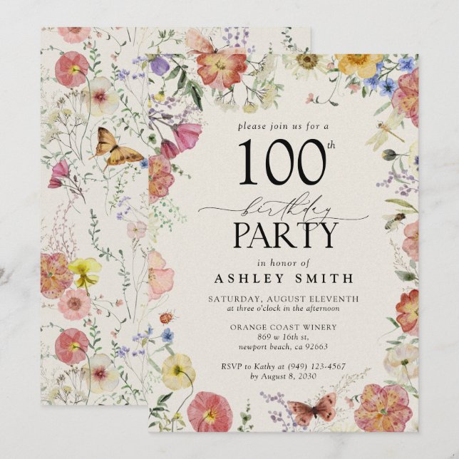 Invitación Flores presionadas 100 cumpleaños partido elegante (Anverso / Reverso)