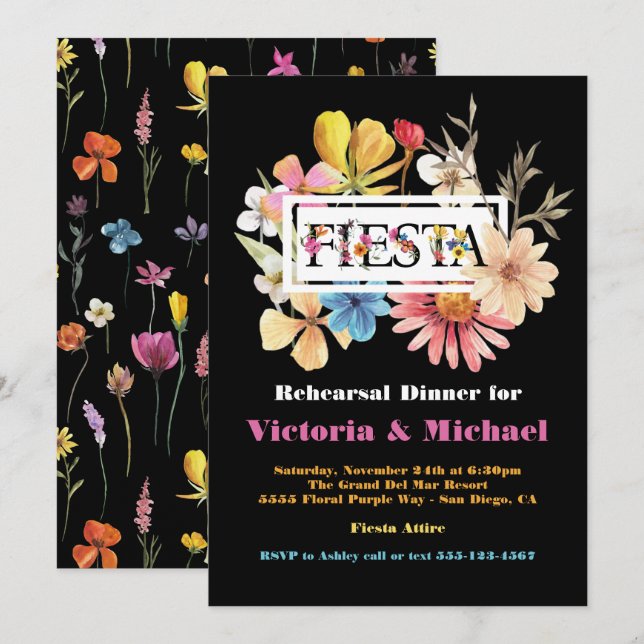 Invitación Flores Presionadas para la cena mexicana de Fiesta (Anverso / Reverso)