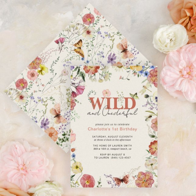 Invitación Flores Presionadas Salvajes y Maravilloso Primer C (Easily personalize this sweet baby's first birthday invitation with your unique details.)