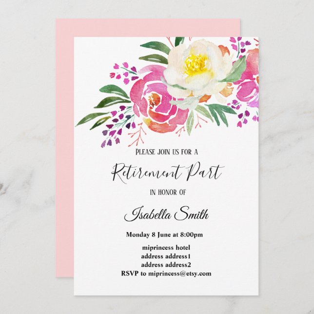 Invitación flores primavera elegantes retiro floral rosa (Anverso / Reverso)