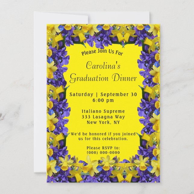 Invitación Flores Primavera Marco Graduación De Cena Amarilla (Anverso)