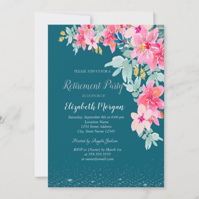 Invitación Flores primaverales en acuarela Jubilación (Anverso)