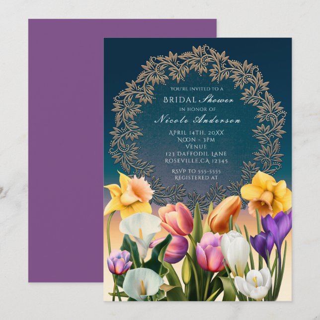 Invitación Flores Primaverales Marco Floral Elegantes Invitac (Anverso / Reverso)