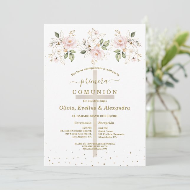 Invitación Flores Primera Comunión Trillizos Comunión (Anverso de pie)