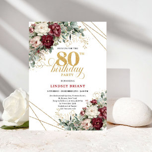 Invitación Flores Profundas Rojo Elegante Eucalipto Oro Cumpl