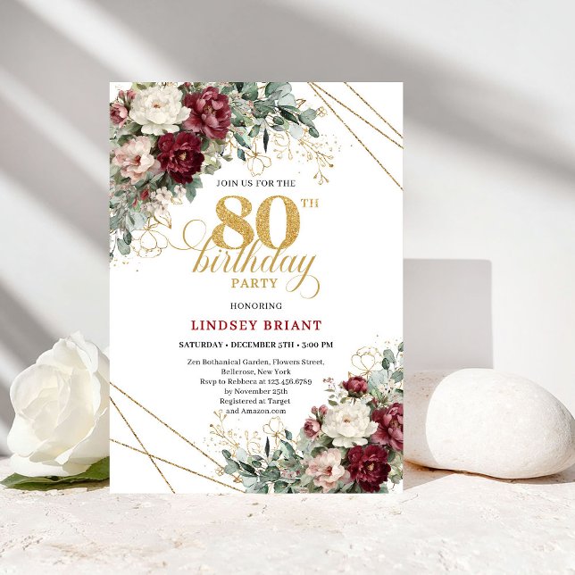 Invitación Flores Profundas Rojo Elegante Eucalipto Oro Cumpl (Stylish Deep Red Flowers Eucalyptus Gold 80th Birthday Card

)