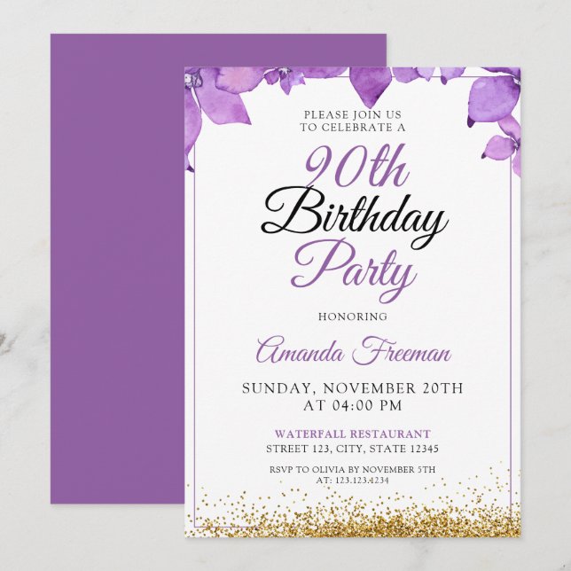 Invitación Flores puras esbeltas 90 cumpleaños (Anverso / Reverso)