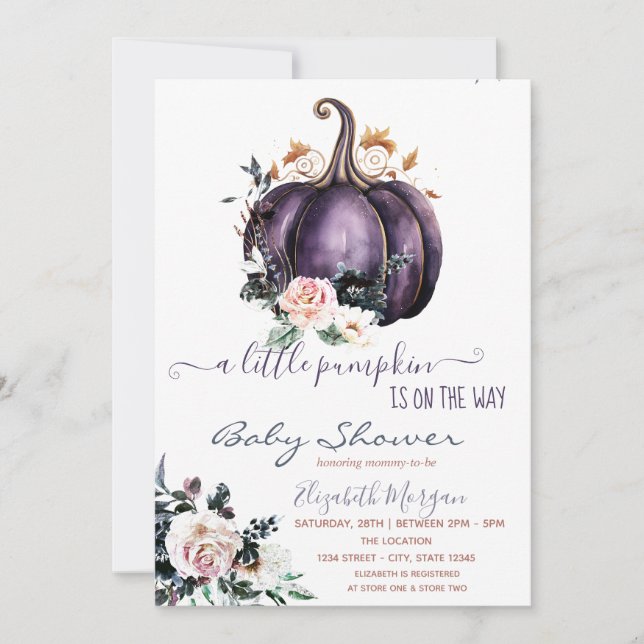 Invitación Flores Purple de calabaza, Baby Shower punteado (Anverso)