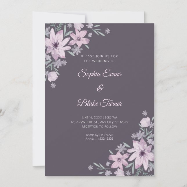 Invitación Flores Purple Románticas Humo Gris Boda (Anverso)