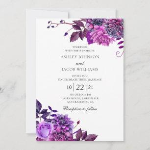 Invitación Flores púrpura a la acuarela. Boda floral lila