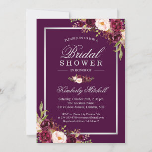 Invitación Flores púrpura de ciruela de borgoña ducha de novi