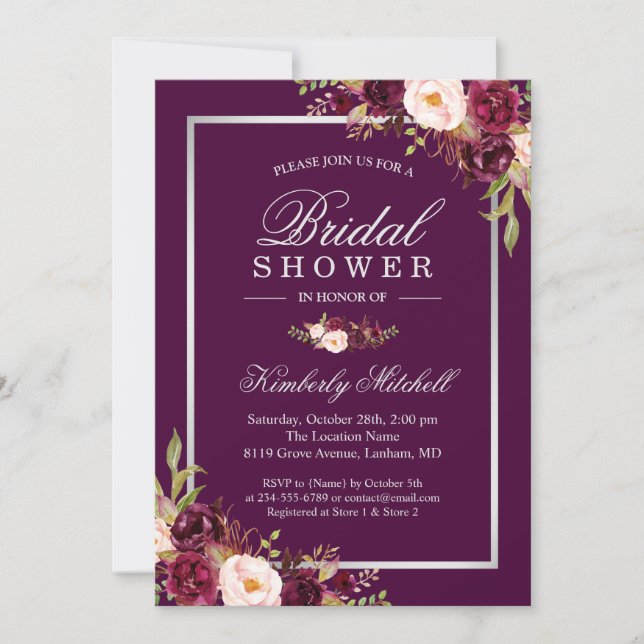Invitación Flores púrpura de ciruela de borgoña ducha de novi (Anverso)
