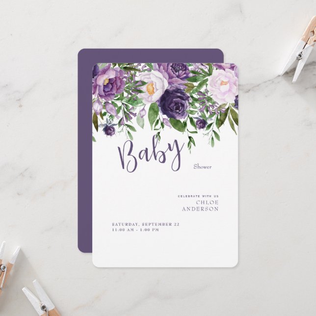 Invitación Flores púrpura Niña Bebé Redonda (Anverso/Reverso In Situ)